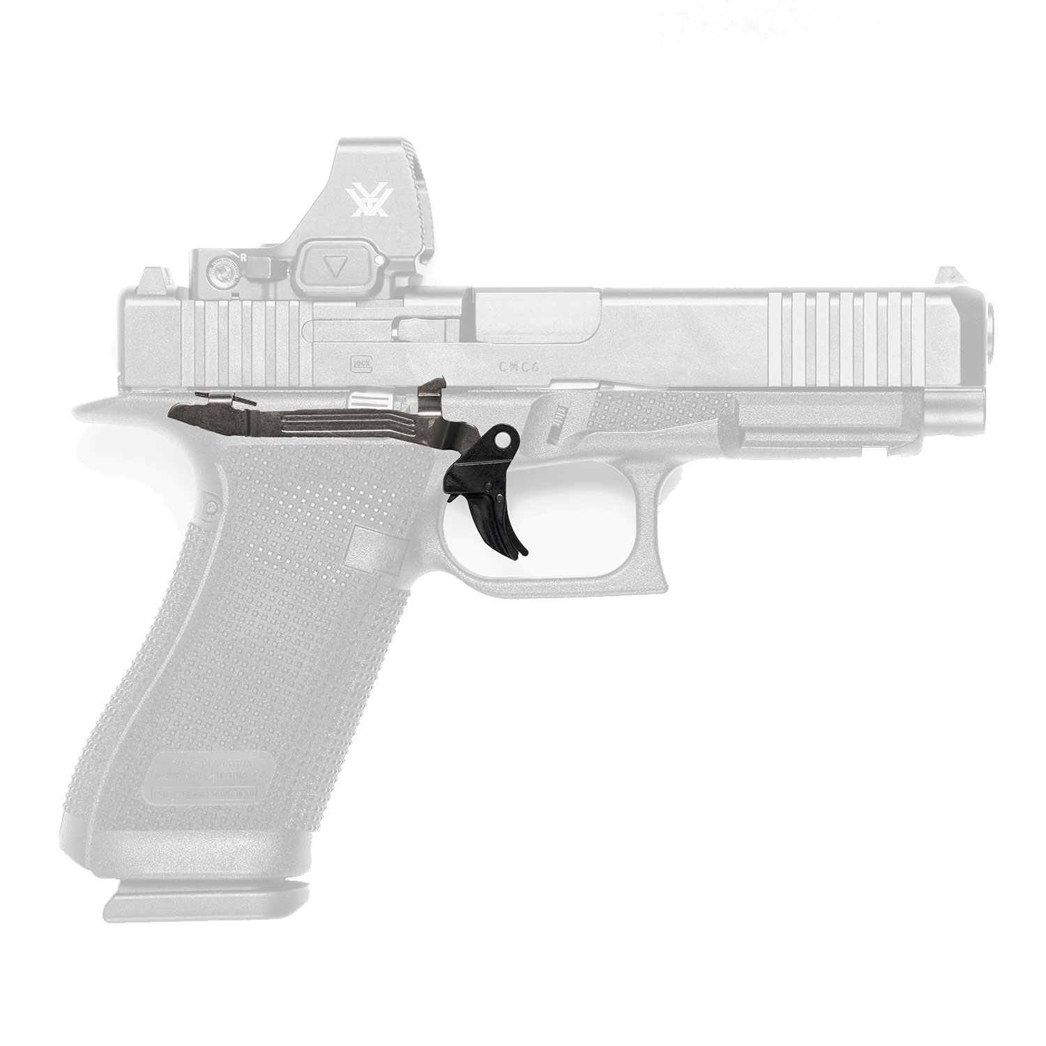 Semi-automatic pistol with a small black accessory attached near the trigger guard on the frame