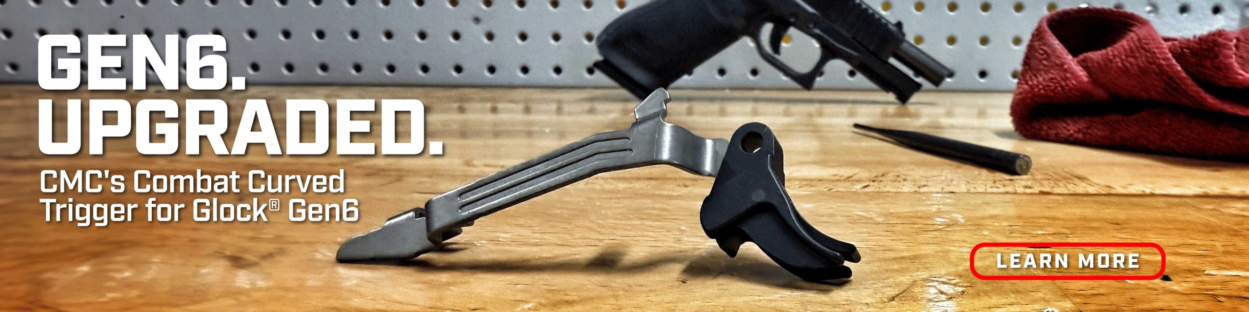 Gen6 Upgraded: CMC Combat Curved Trigger for Glock Gen6 on a wooden workbench with tools; Learn More button visible.