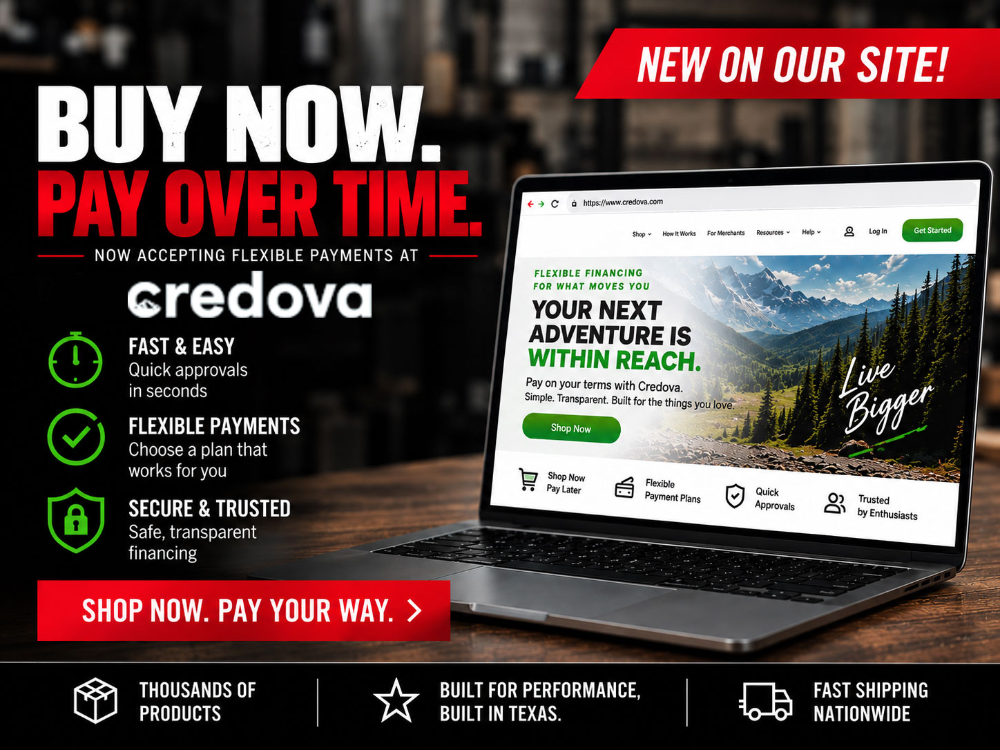 Buy now, pay over time with Credova financing. Promotional graphic featuring Credova.com, flexible payment options, fast approvals, secure financing, and nationwide shipping.