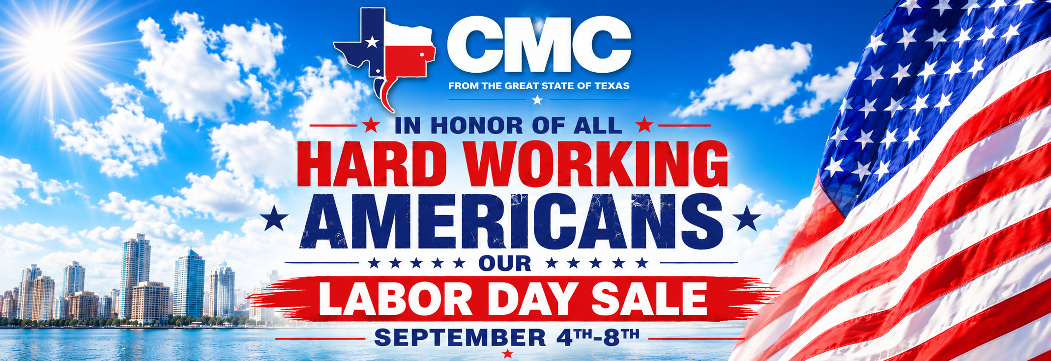 Promotional banner announcing a Labor Day sale: bold red and blue text says 'Hard Working Americans' and 'Labor Day Sale' with an American flag and city skyline in the background.