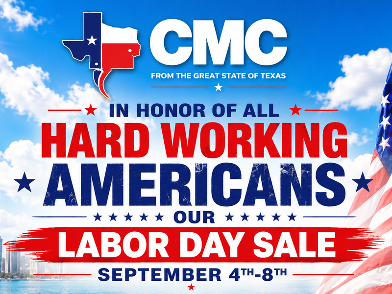 Labor Day sale banner for CMC: 'Hard Working Americans' with Texas map, stars, and an American flag motif.